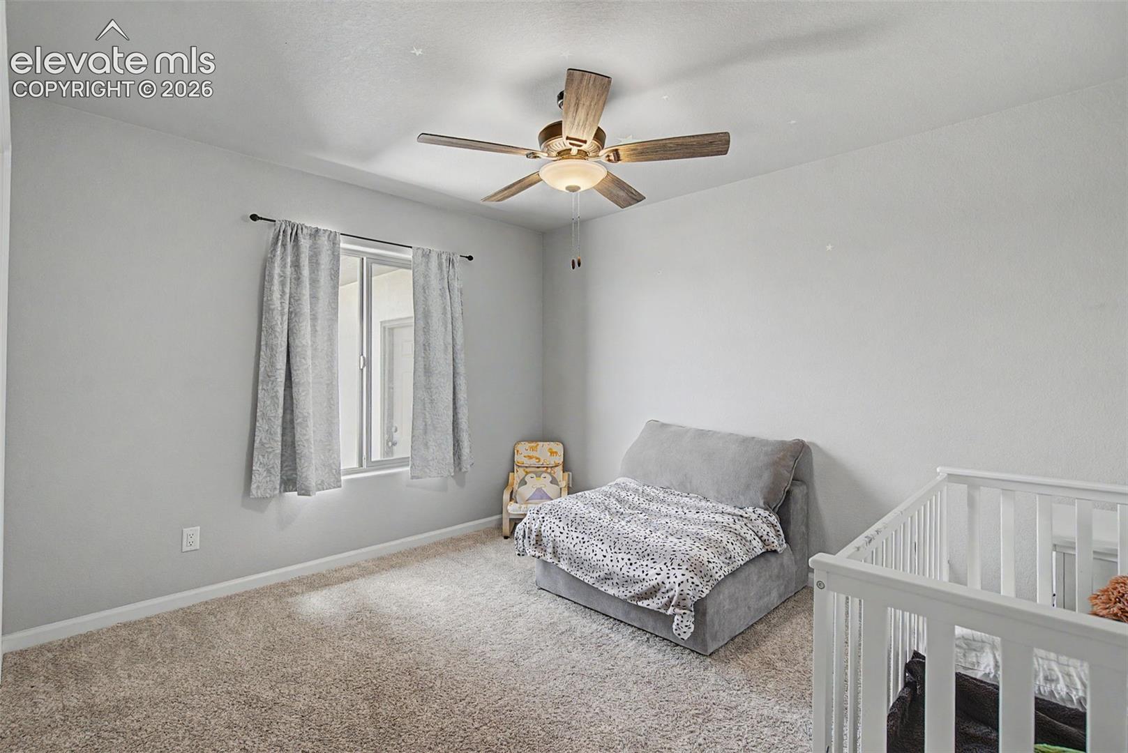 Spacious room featuring neutral carpeting, light-toned walls, and a ceiling fan with wood-finish blades