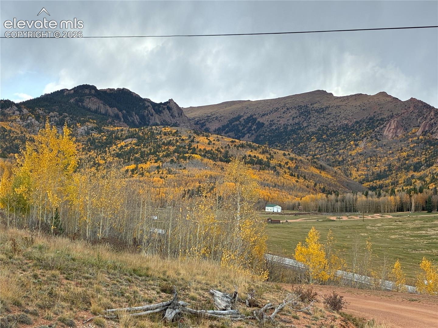 Expansive landscape featuring rugged mountain terrain, dense groves of deciduous trees, and open acreage