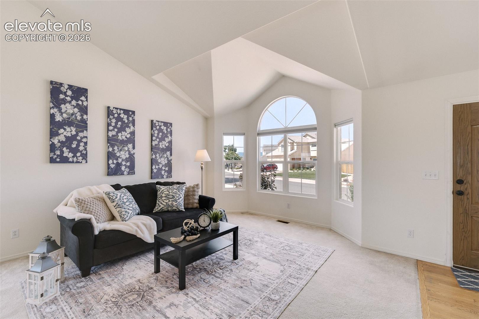 Vaulted ceilings, large arched window, multiple windows, light wood-finish flooring, and a paneled entry door