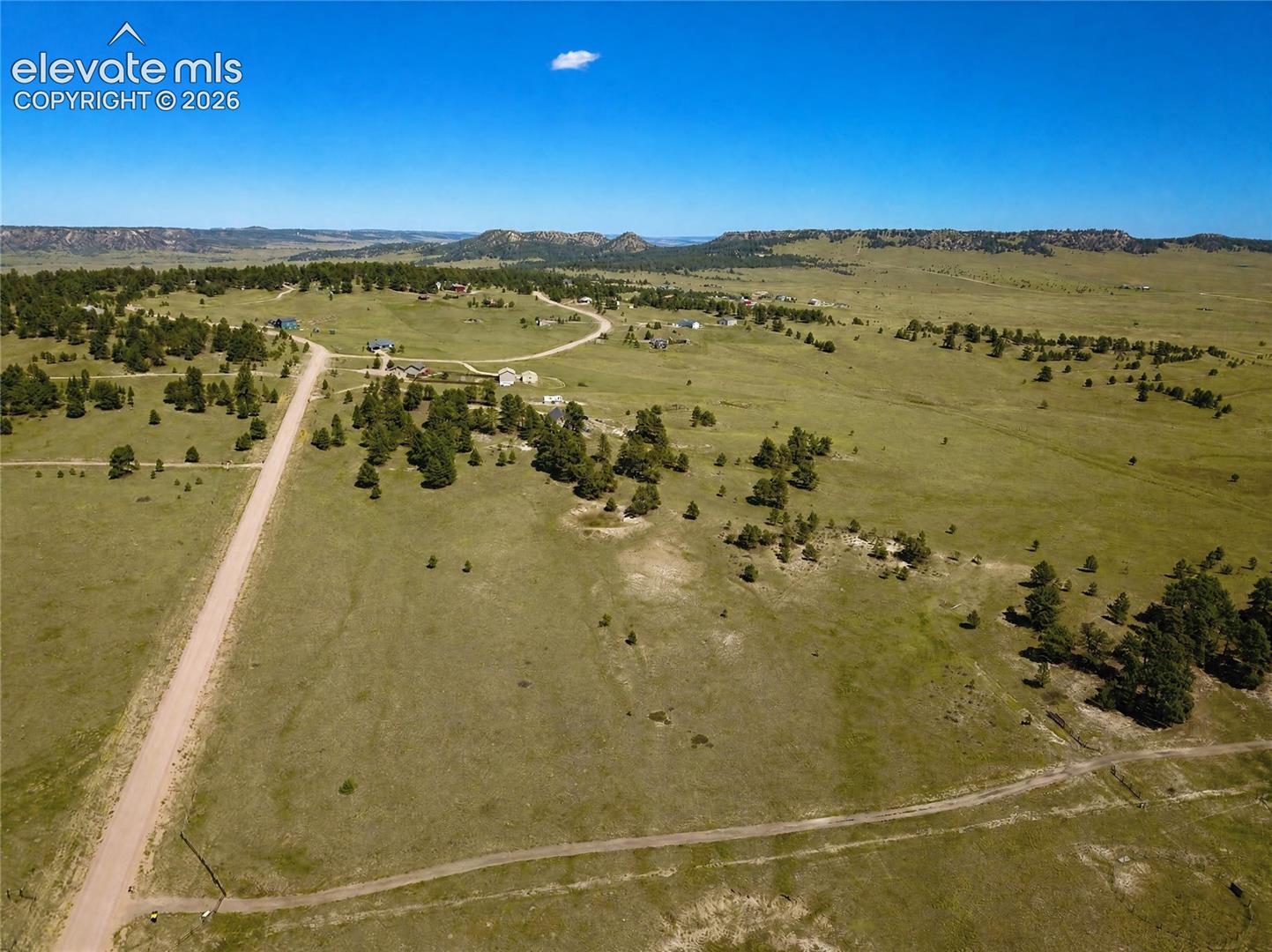 Expansive green landscape with scattered evergreen trees, a visible unpaved road, and distant low-lying hills