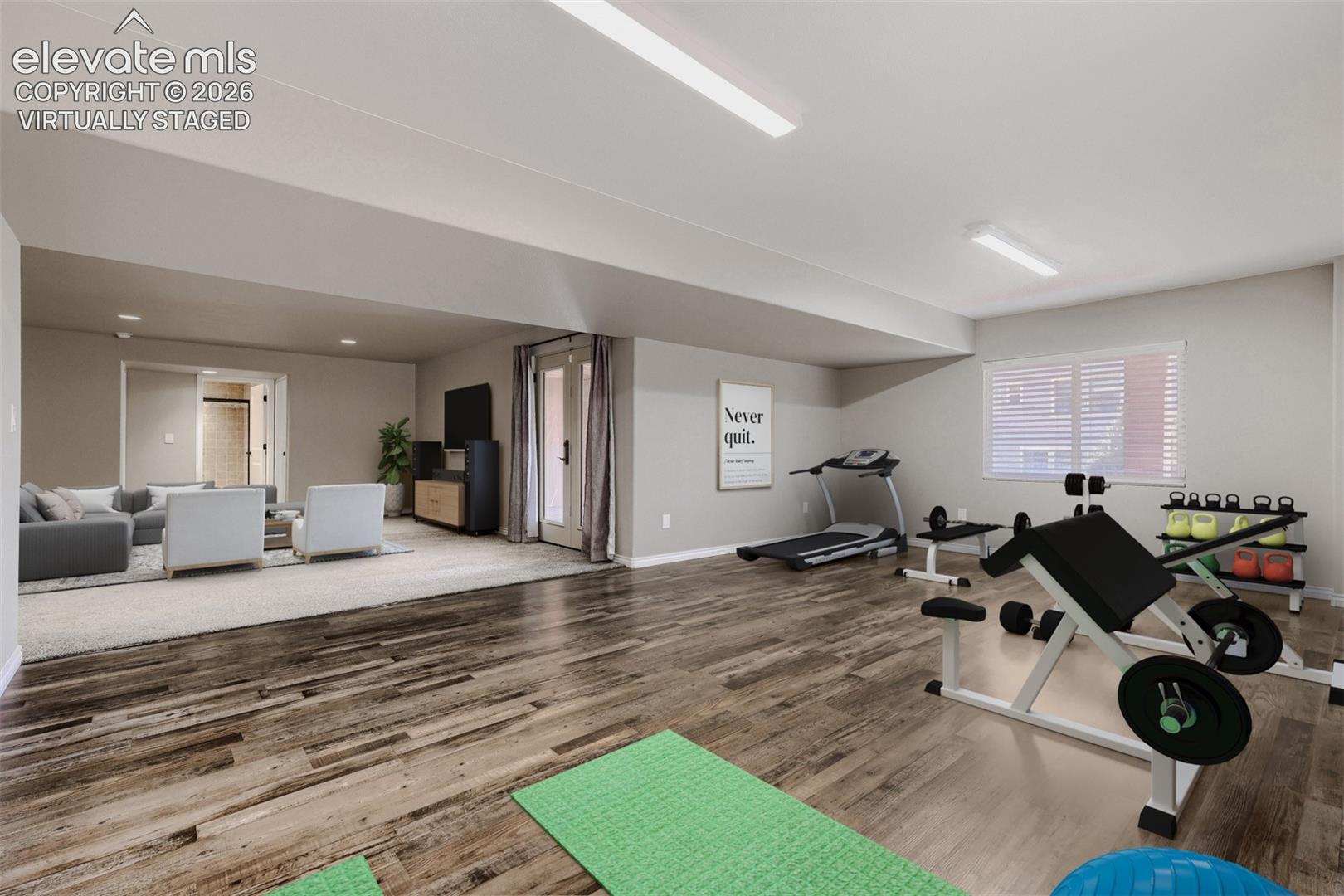 Virtually staged flex room (game room, hobby room, playroom, or exercise room)