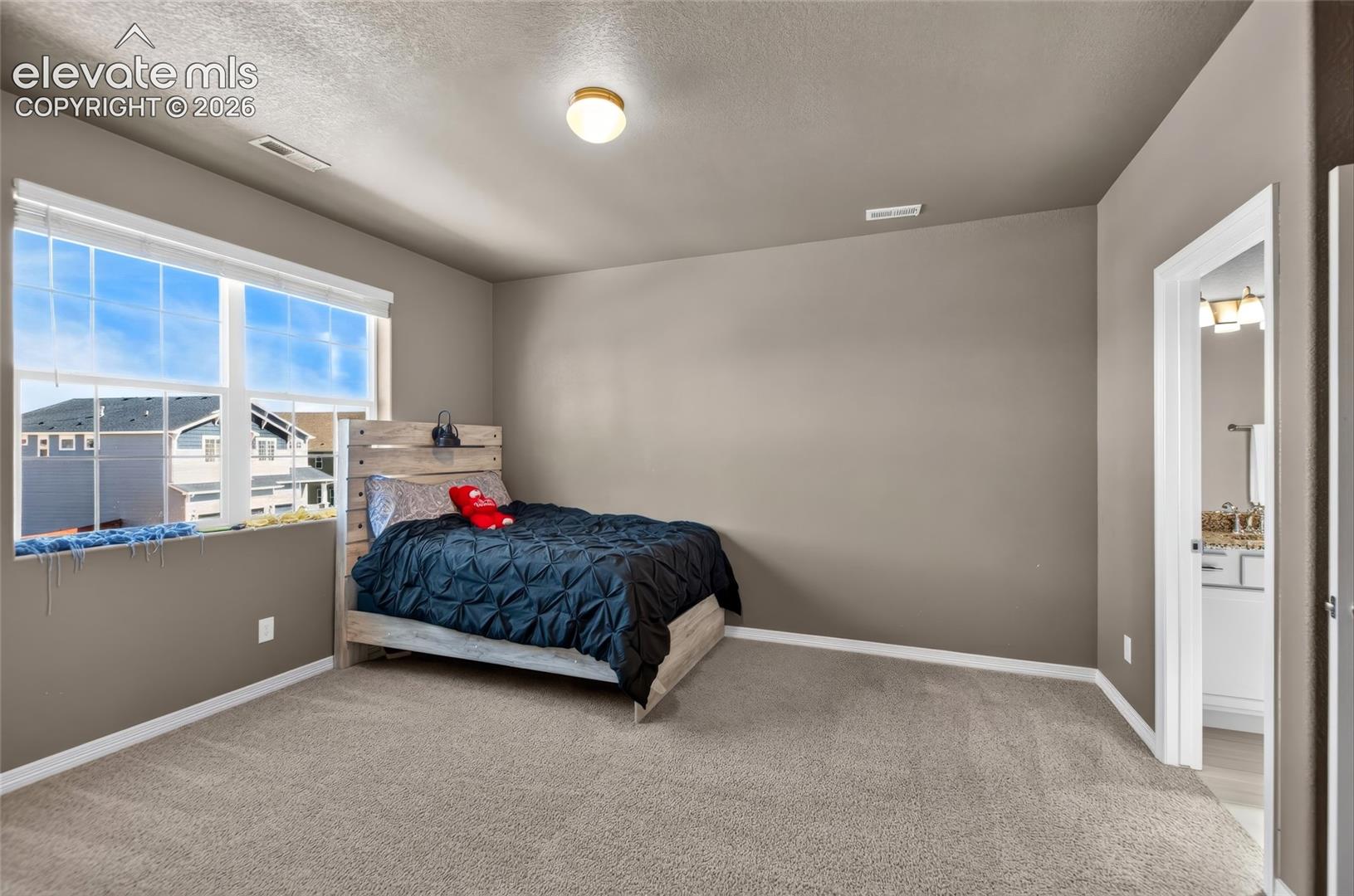 Neutral wall tones with carpeted flooring
