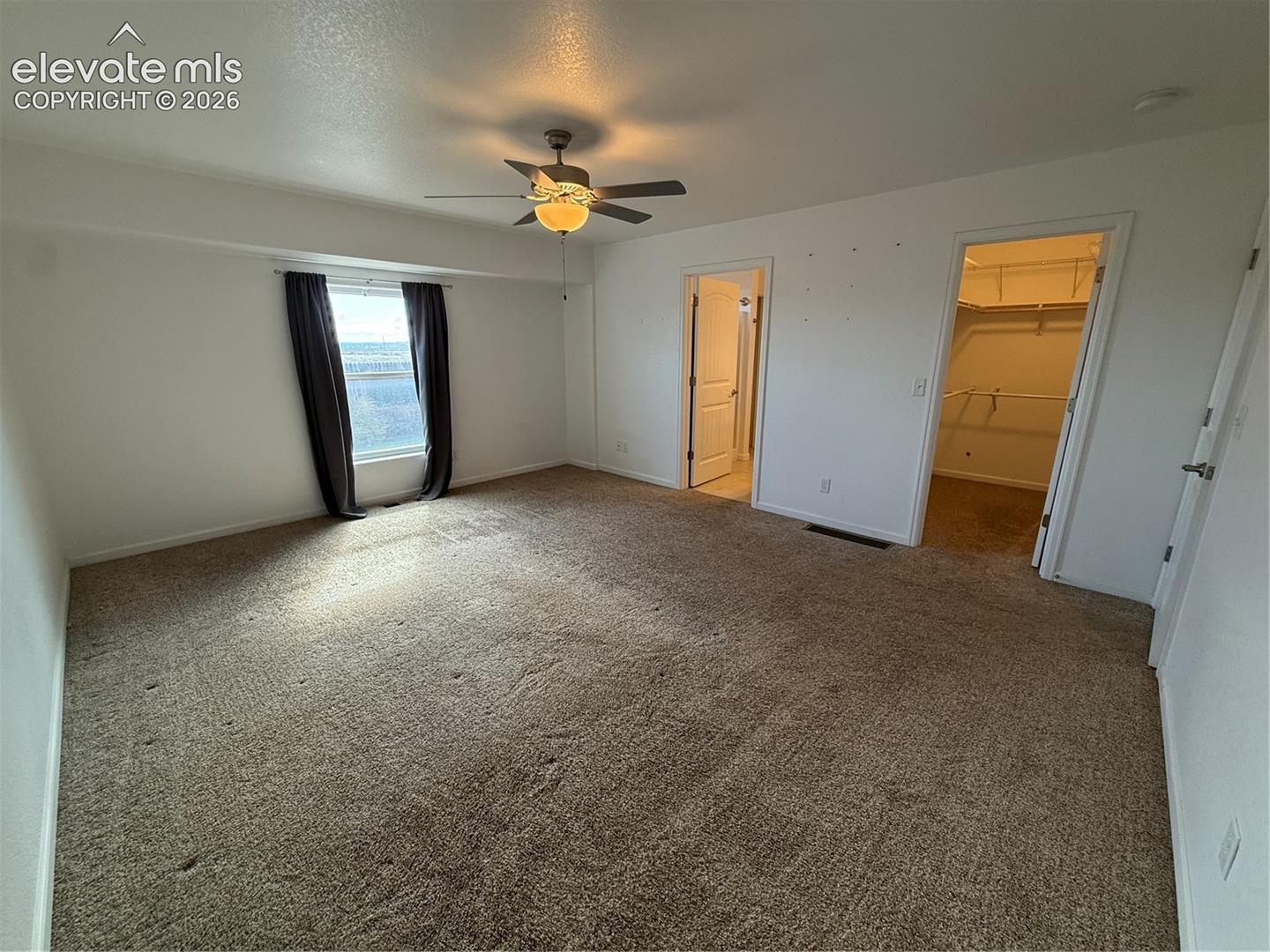 Spacious room featuring carpeting, a centrally located ceiling fan with integrated lighting, a single window, and a walk-in closet with built-in shelving