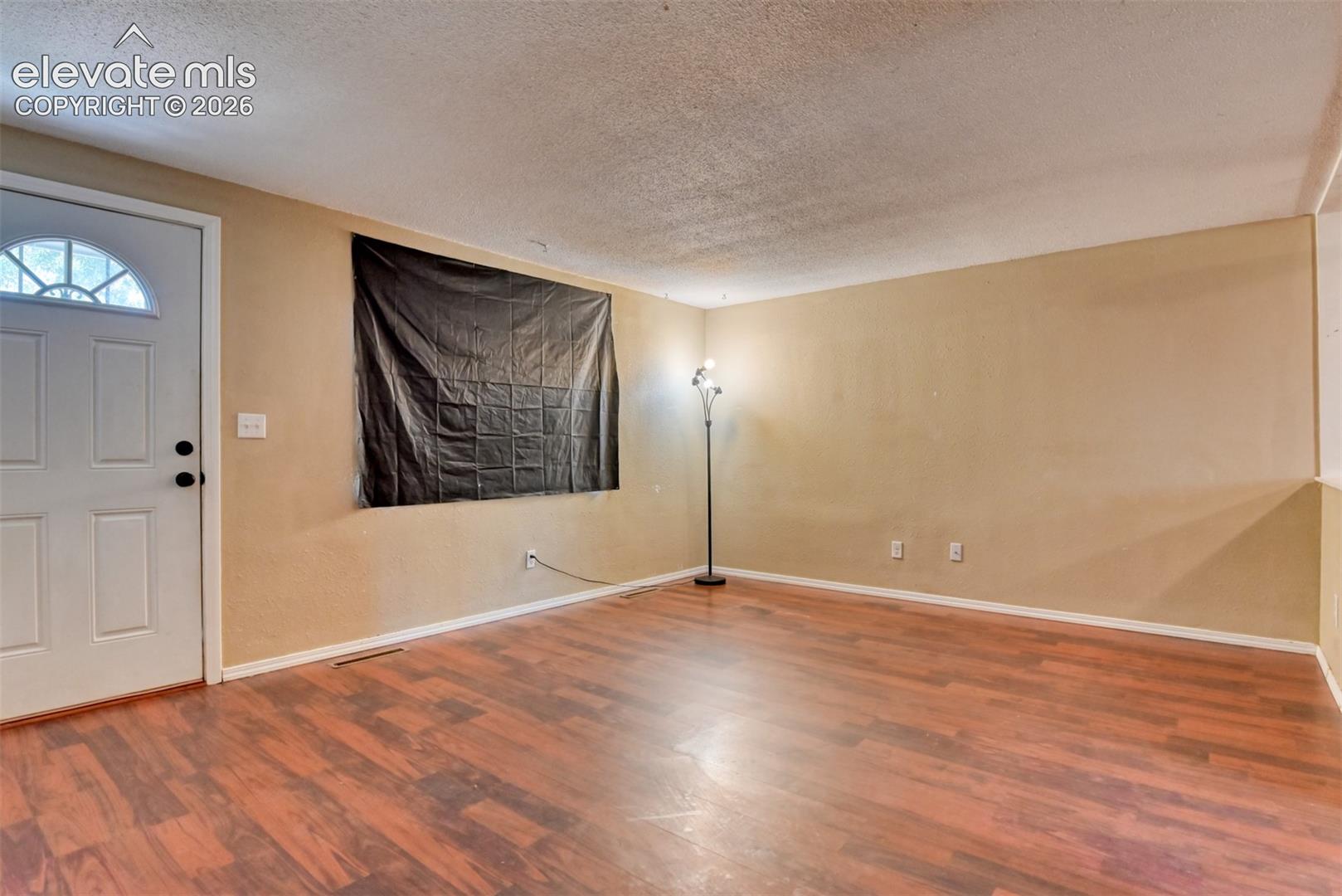 Spacious interior room featuring wood-finish flooring, neutral wall tones, and a white paneled door with an arched window detail