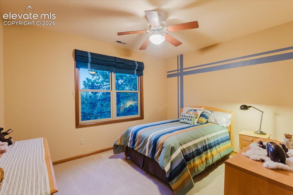 Window with wood-finish trim, a ceiling fan with integrated lighting, and light-colored carpeting