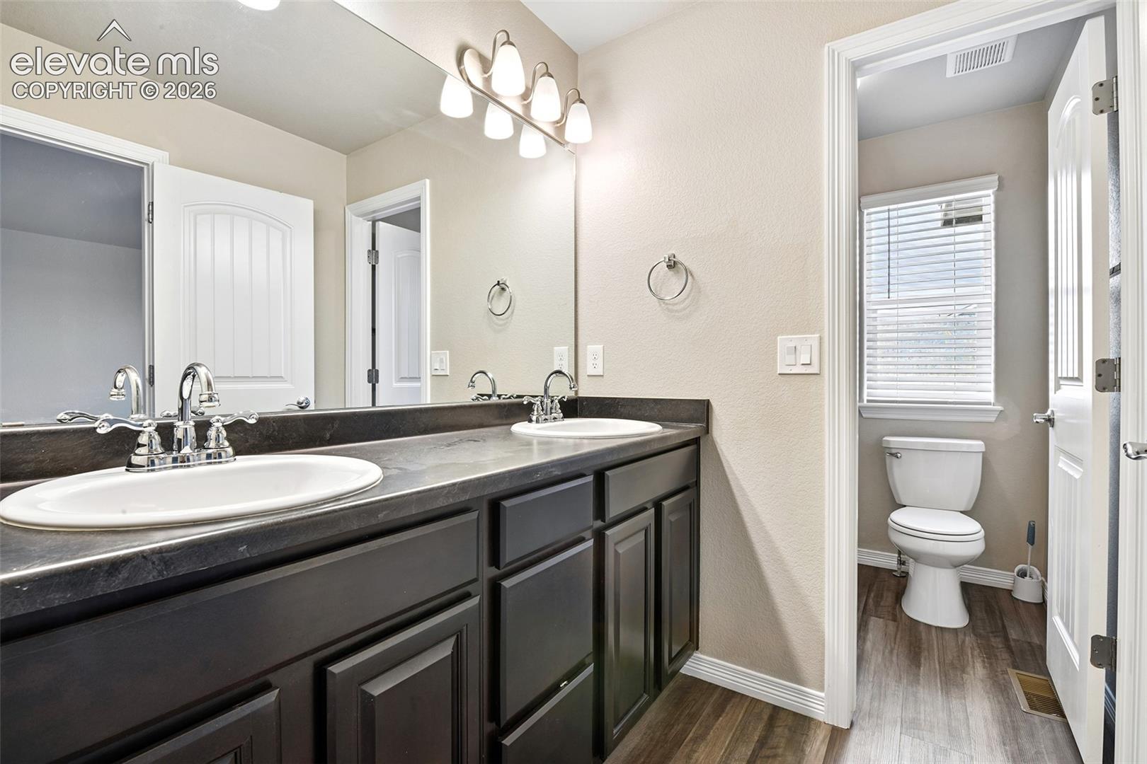Double vanity with dark cabinetry, dual drop-in sinks, polished chrome fixtures, full-width mirror, and wood-finish flooring