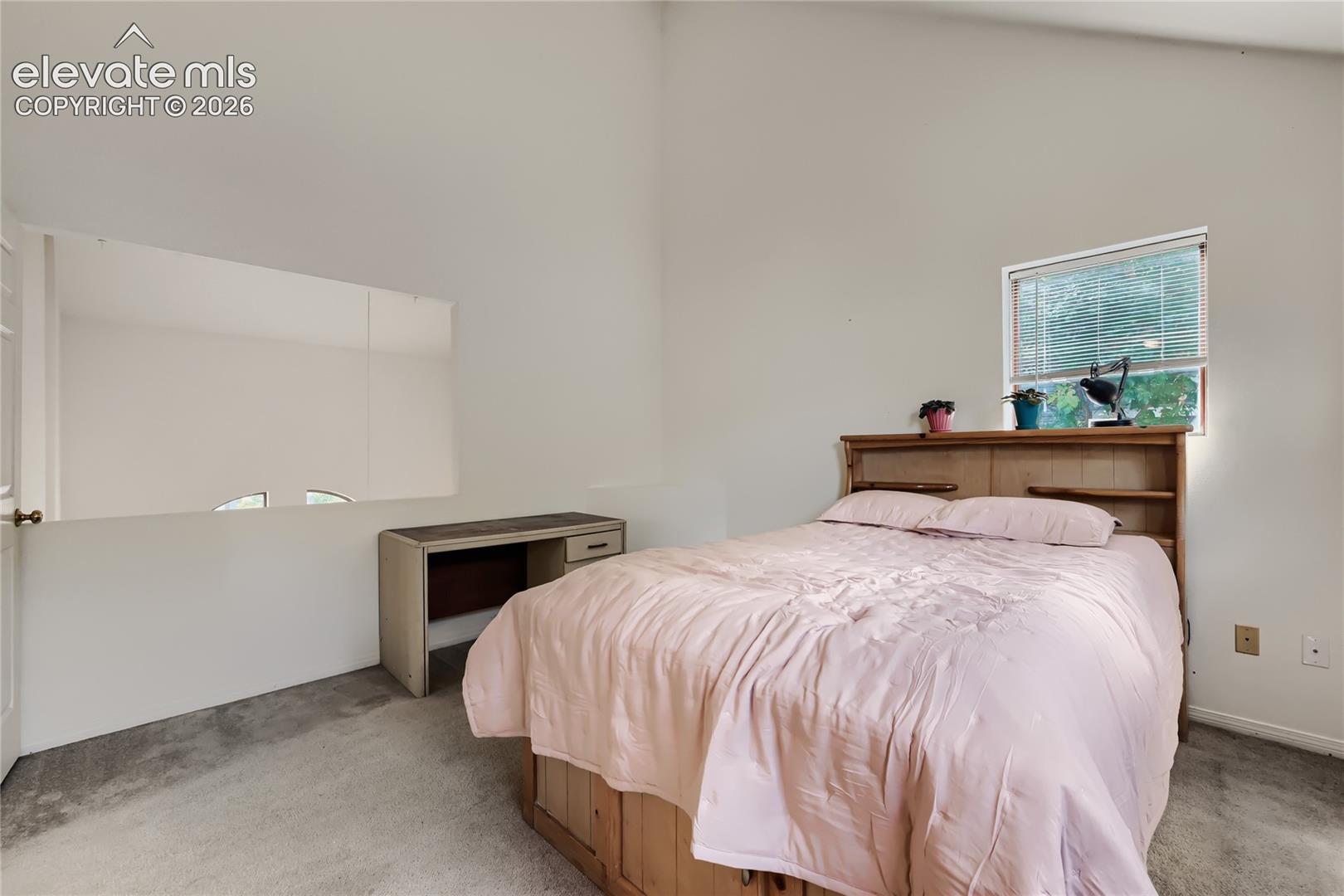Spacious secondary bedroom featuring hardwood furnishings, neutral carpeting, and abundant natural light from a large picture window