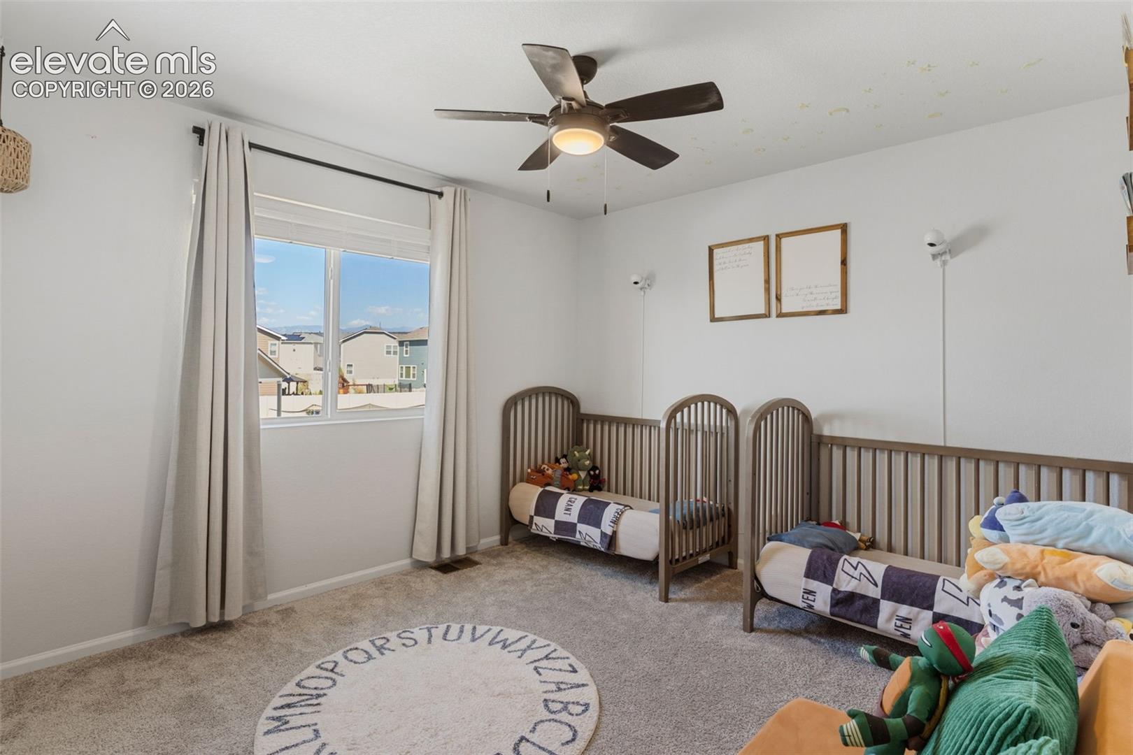 Bright room featuring a ceiling fan, plush carpeting, and a window with white trim