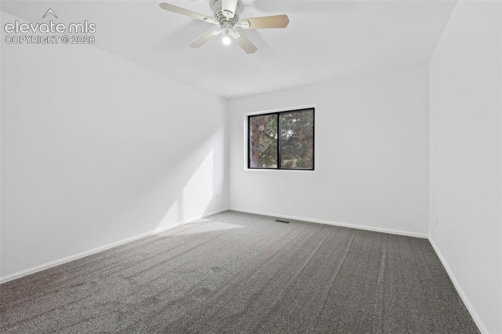 Neutral wall finishes, a black-framed window, and gray carpeting