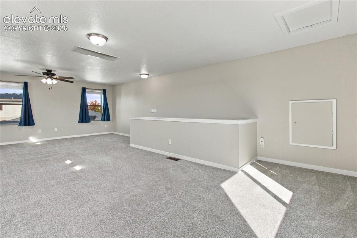 Carpeted room featuring a ceiling fan, two windows, and a built-in wall access panel