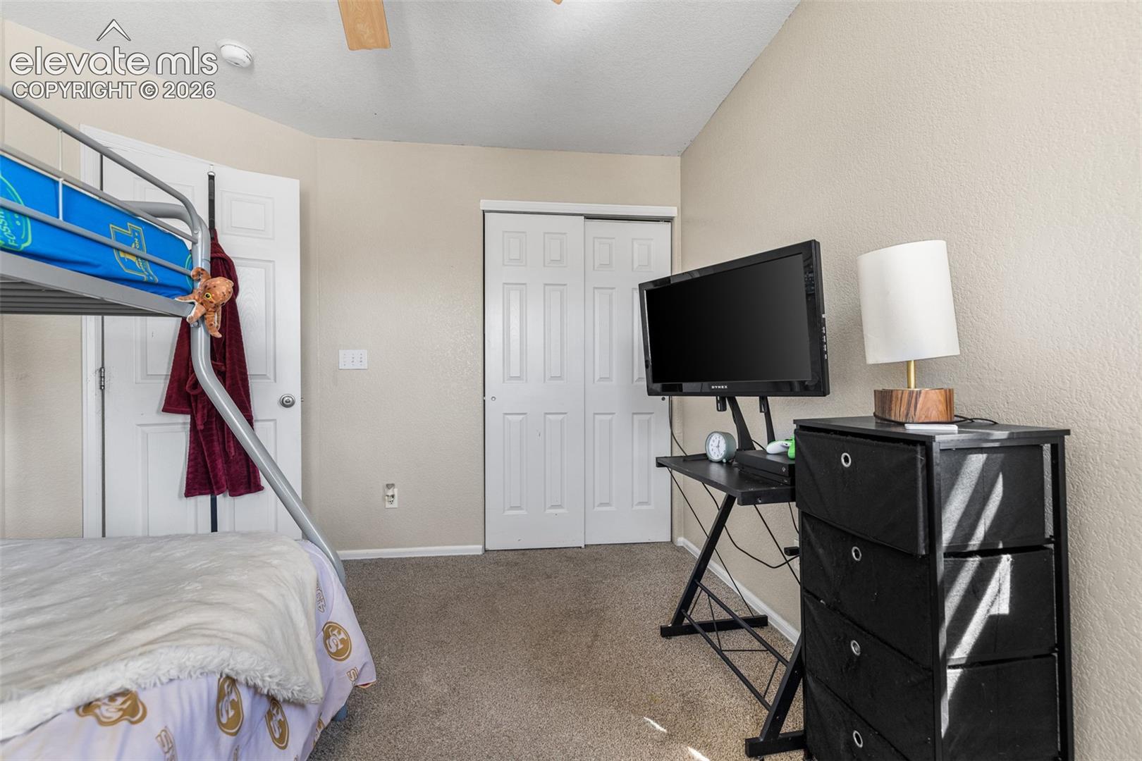 Neutral-toned walls, wall-to-wall carpeting, and white panel-style closet doors with matching entry door