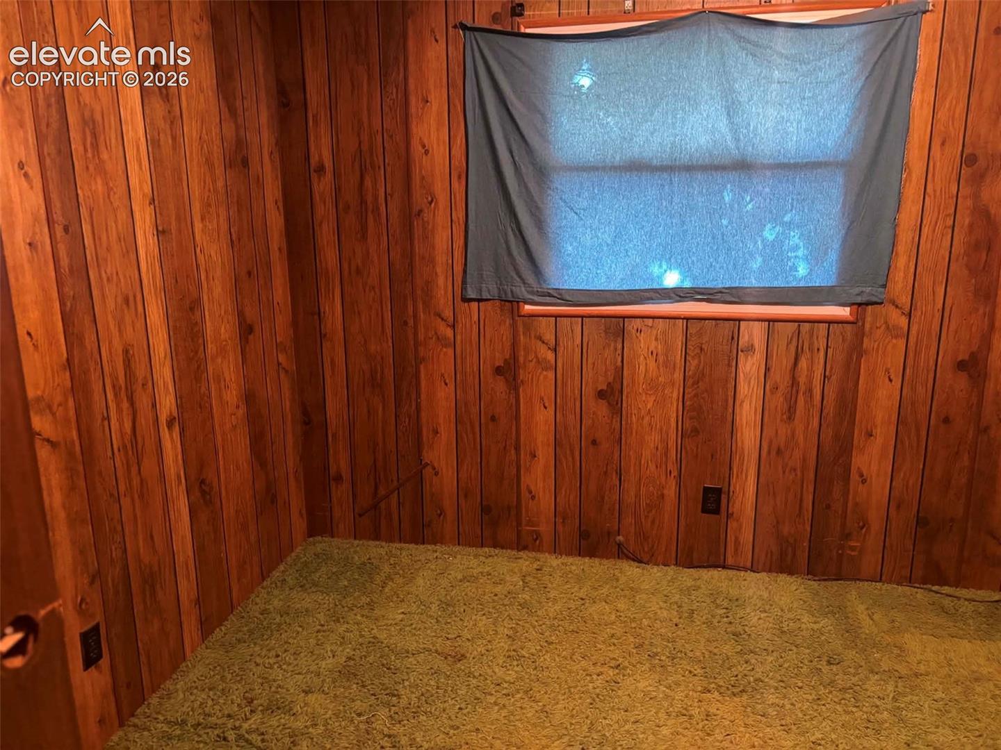 Vertical wood-paneling wall finishes, textured carpeting, and a dual-pane window