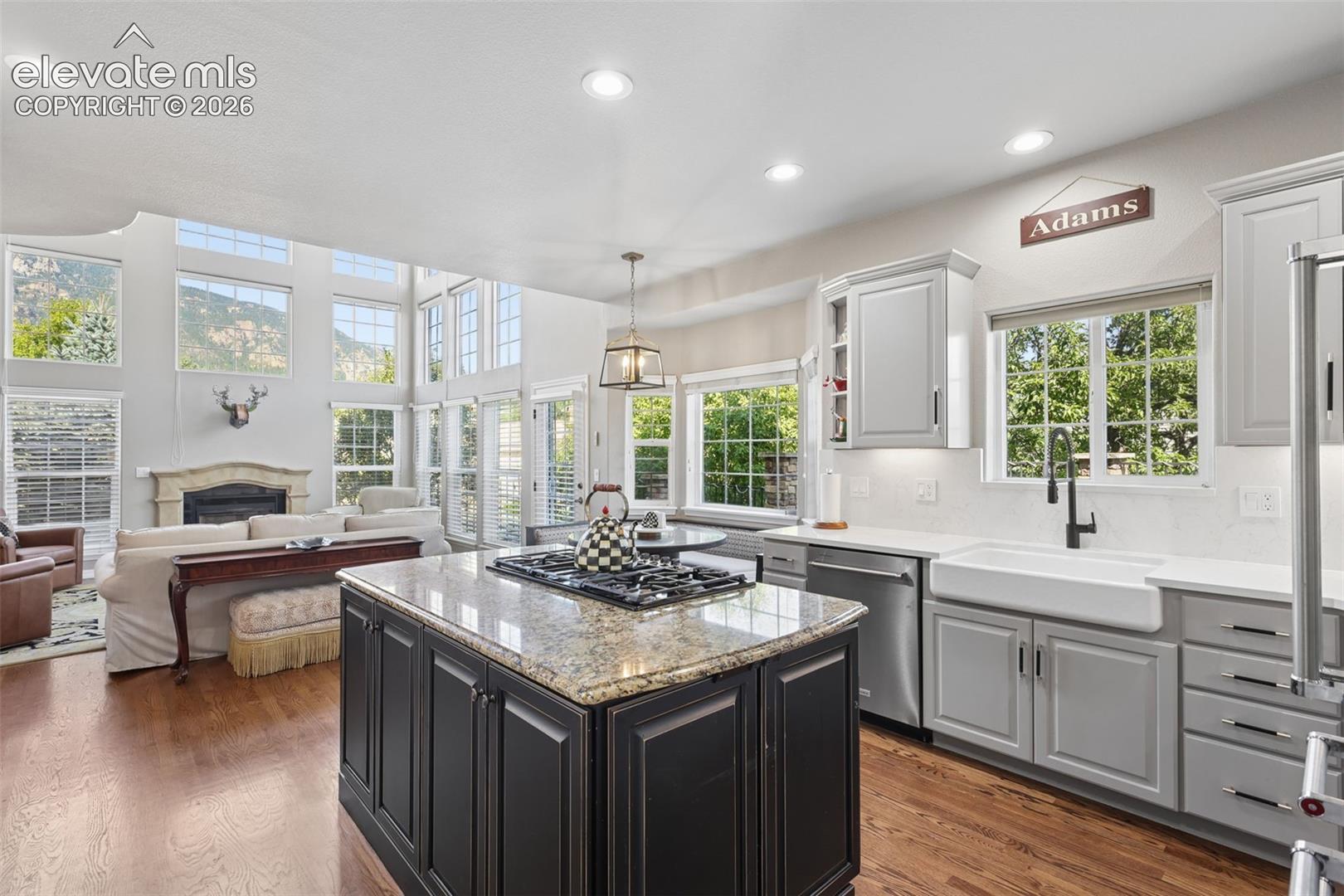 Light and bright kitchen open to family room with vaulted ceiling and breathtaking views.