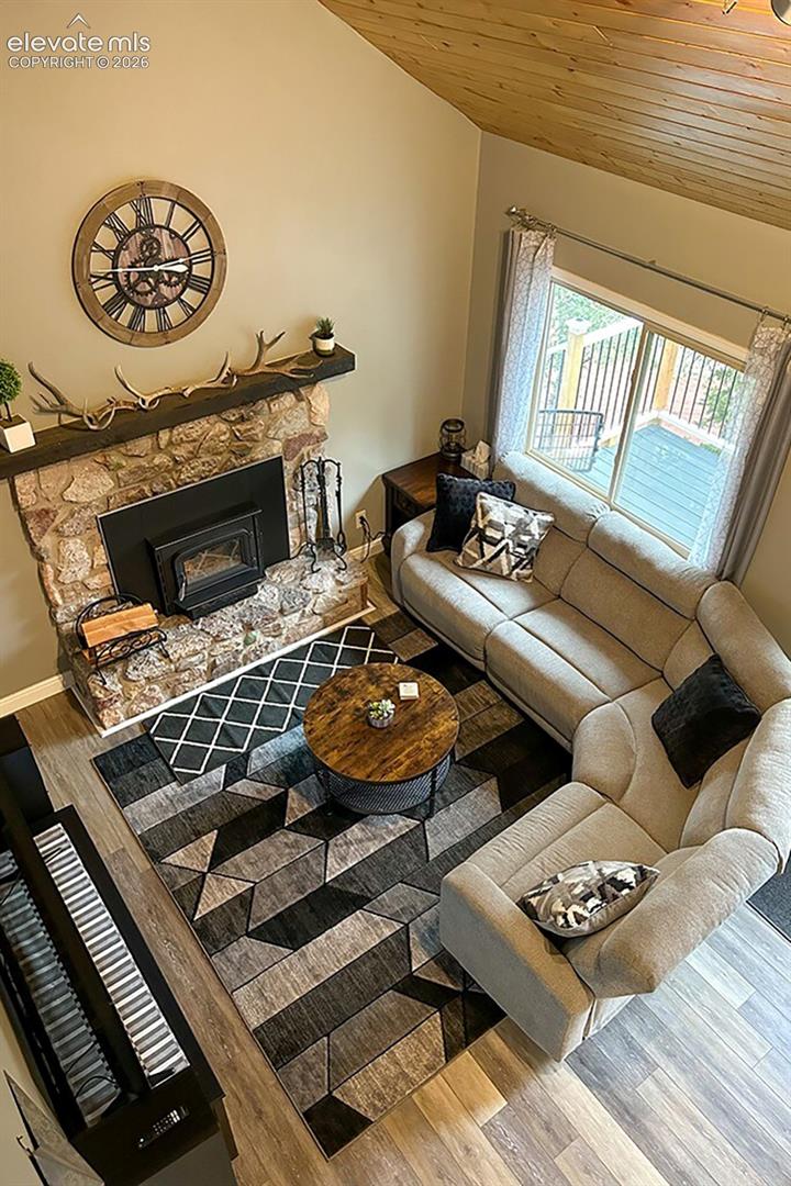 Overlooking cozy family room with wood burning stove