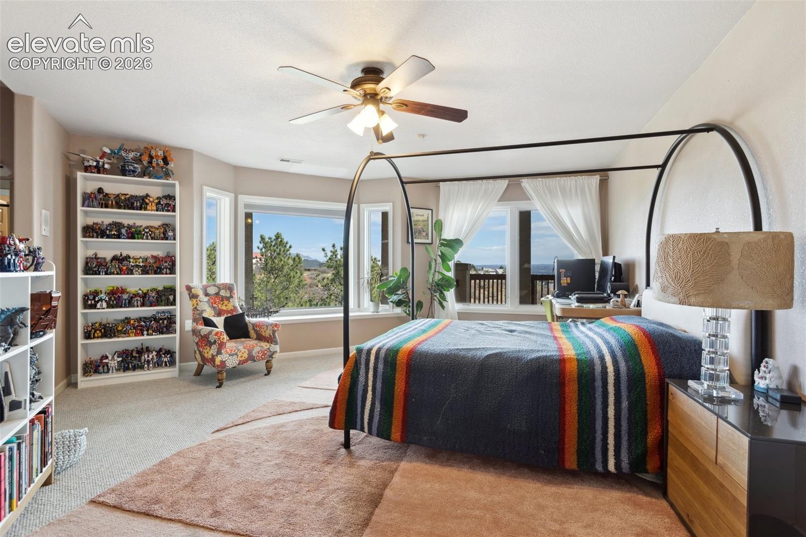 Spacious room featuring broad picture windows, soft neutral carpeting, a ceiling fan with integrated lighting, and multiple built-in shelving units