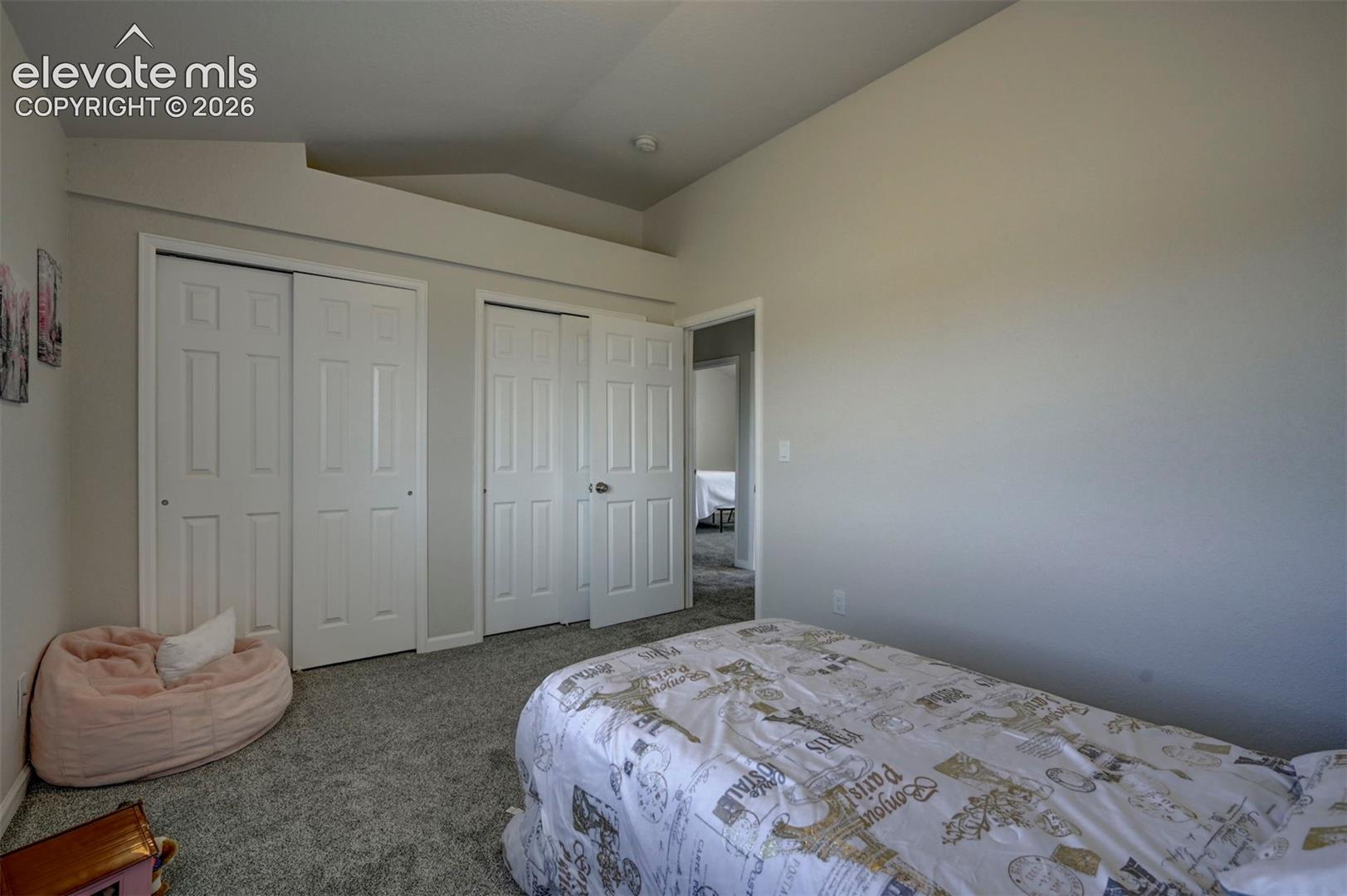 Vaulted ceiling, neutral wall tones, and two sets of multi-panel closet doors