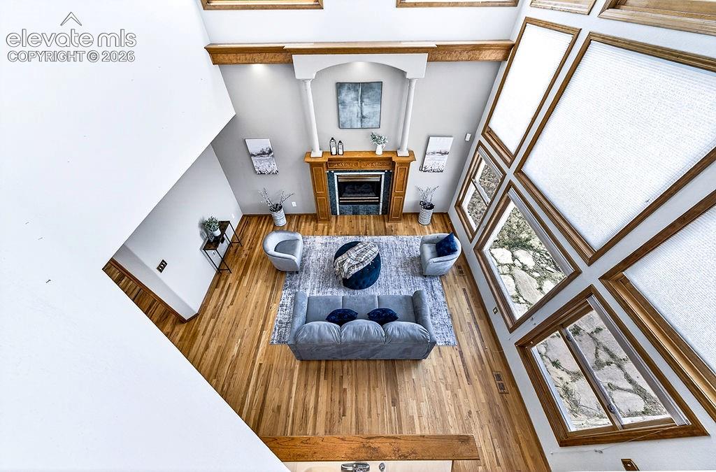 Family room aerial view!  Dramatic wall of windows!