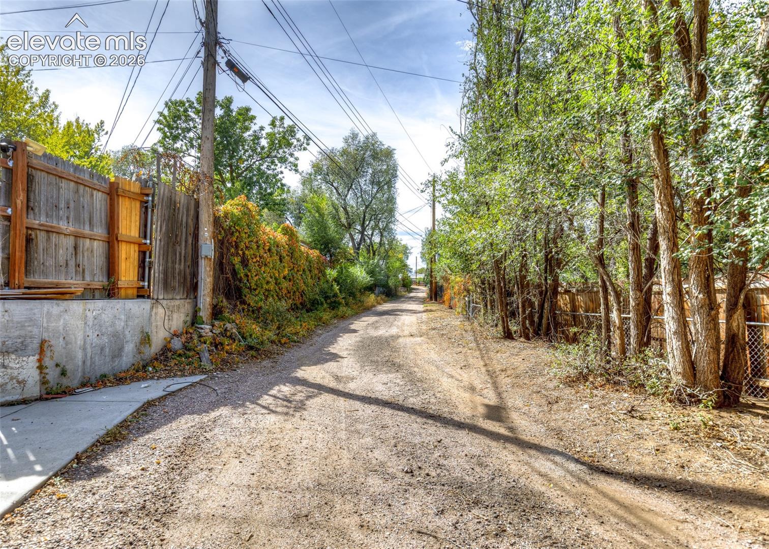 Gravel pathway featuring a concrete sidewalk on one side and mature trees on the other