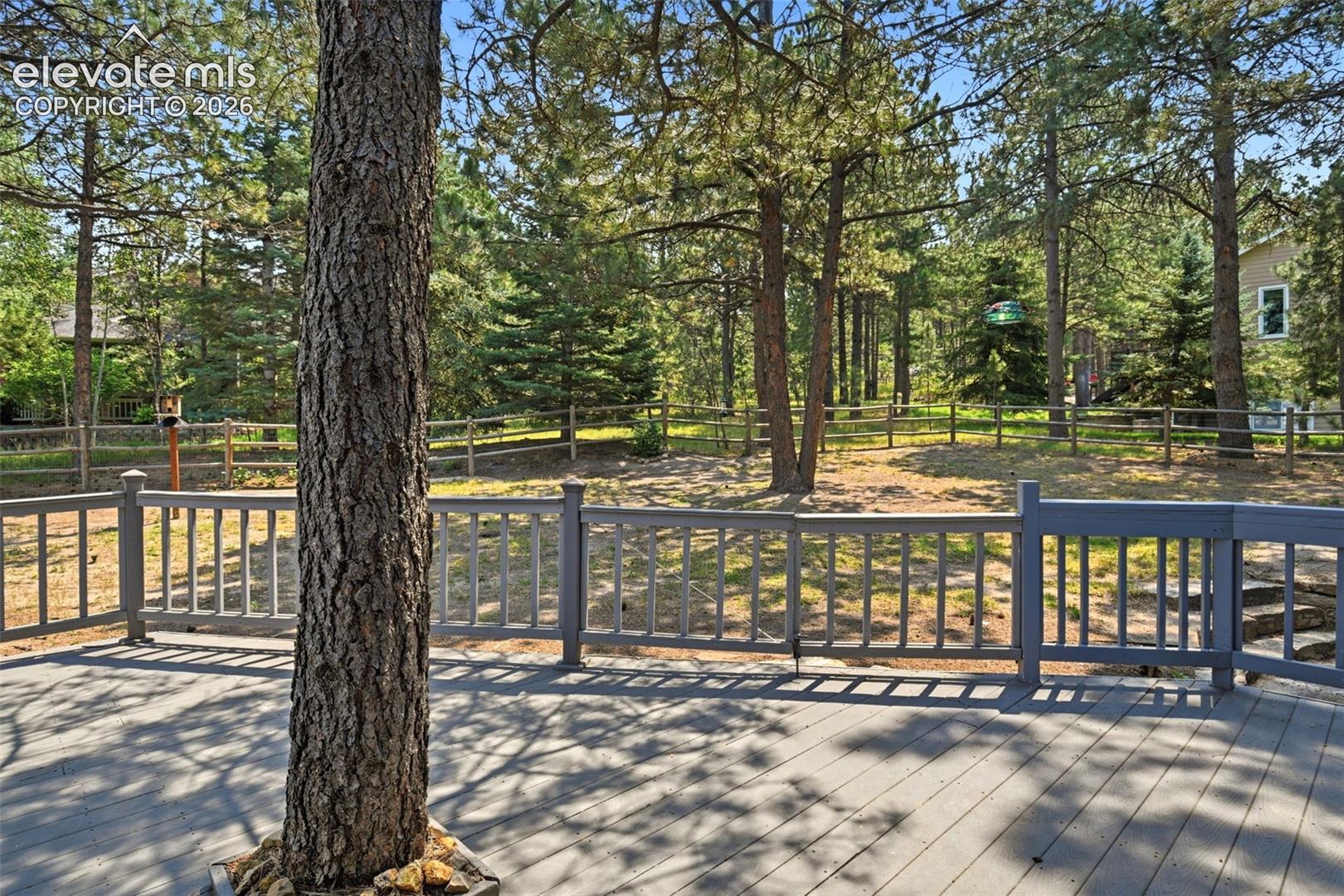Expansive outdoor deck with gray railing, surrounded by mature trees, and a wooden fence defining the property perimeter