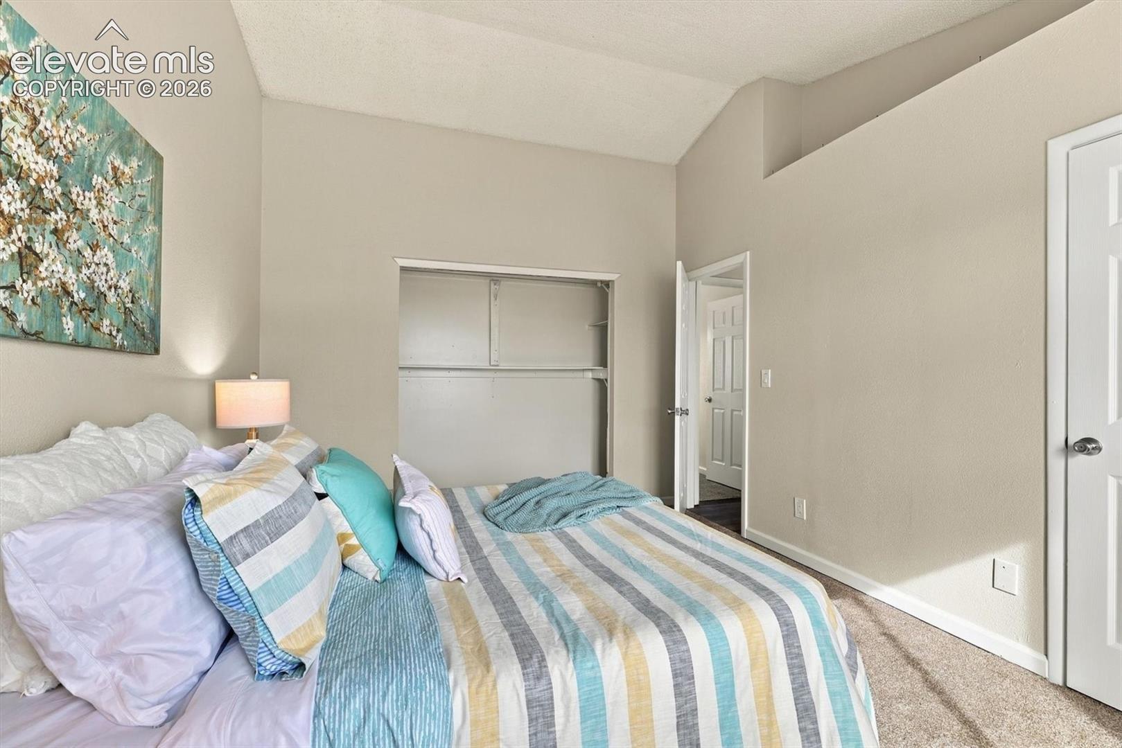 Vaulted ceilings, neutral wall tones, carpeted flooring, and a recessed closet with built-in shelving