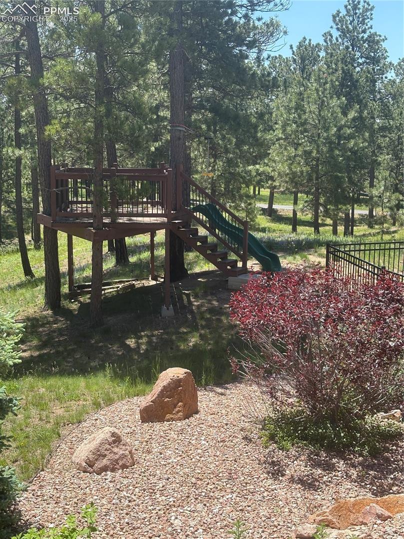 Tree house to the right of the front door with zip line