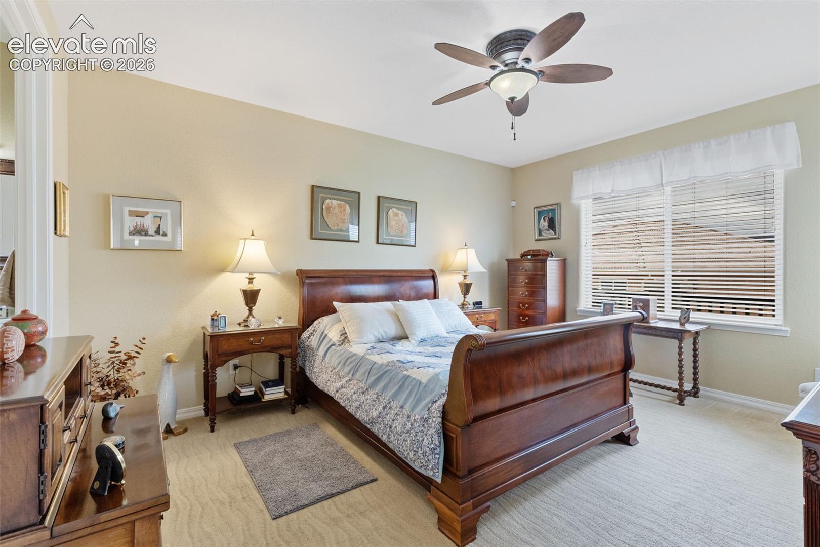 Expansive room featuring neutral wall tones and textured carpeting