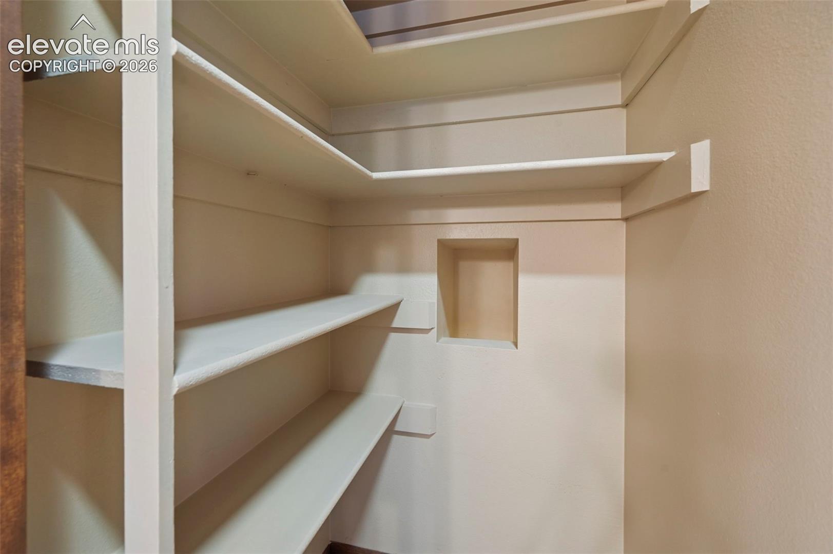 Walk-in storage area featuring multi-level wrap-around shelving and a recessed wall niche