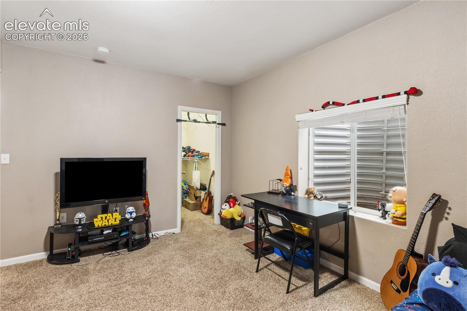 Room featuring neutral wall tones, carpeted flooring, a dedicated walk-in closet, and a recessed window with an egress well