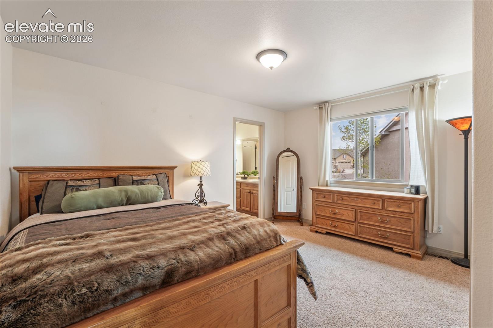 Spacious bedroom featuring light-toned carpeting and a ceiling-mounted light fixture