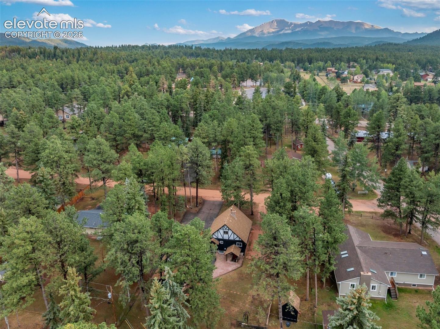 Mountain backdrop, established neighborhood, substantial tree coverage, dark asphalt roof, light-colored exterior siding
