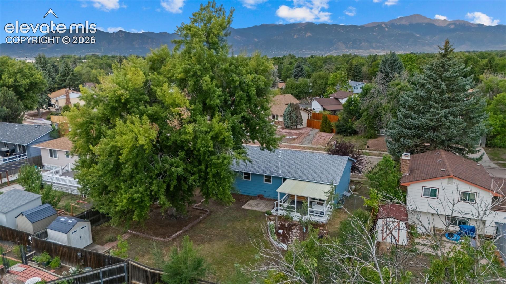 Expansive backyard featuring a mature tree, two storage sheds, and a covered patio