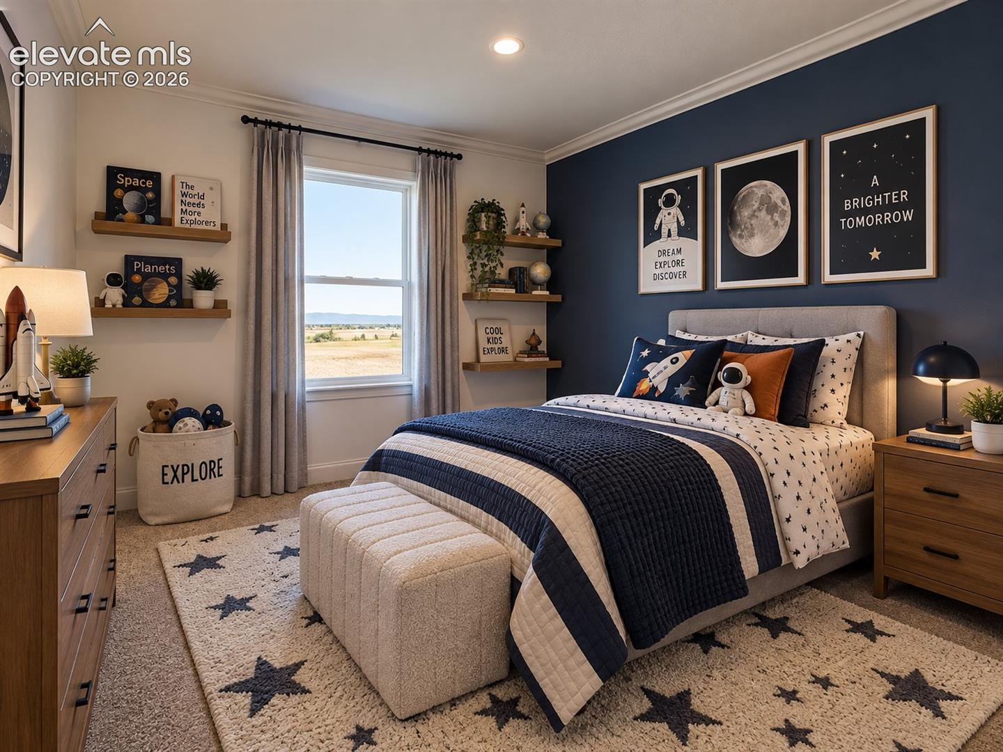 Bedroom – Bright secondary bedroom with carpeting, recessed lighting, crown molding, and a large window overlooking the surrounding landscape.