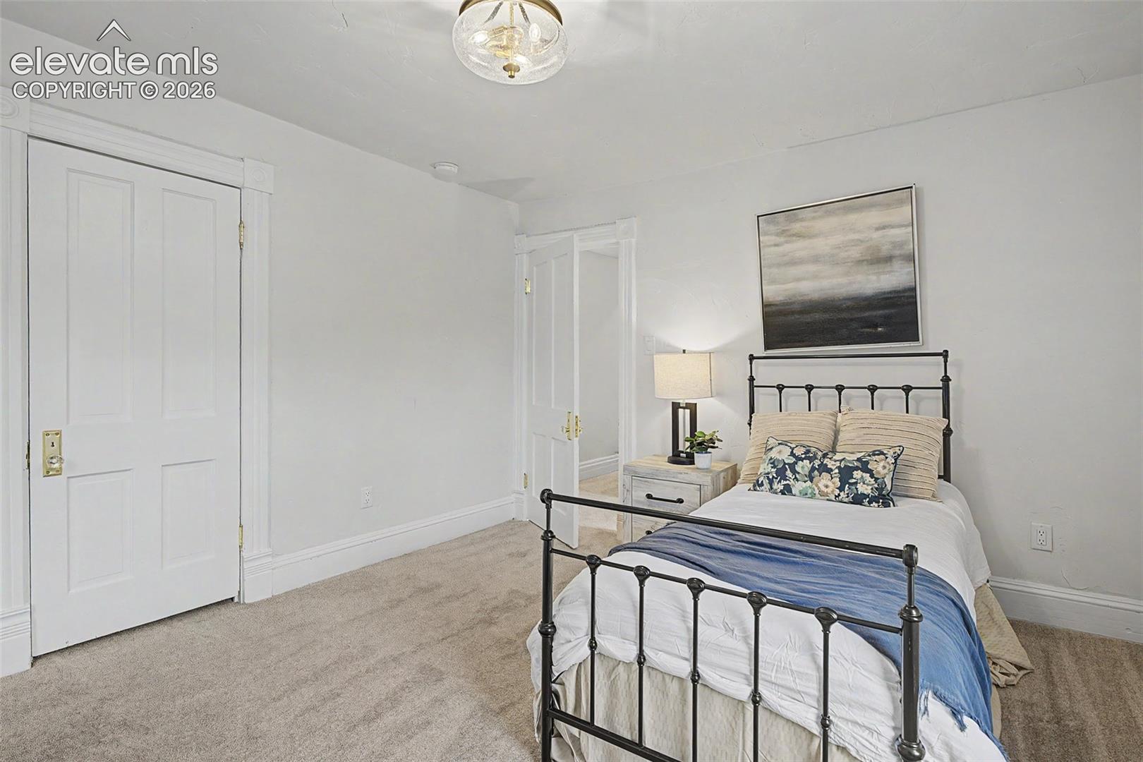 Bright interior space featuring light gray carpeting, tall white baseboards, and a classic four-panel door with brass hardware