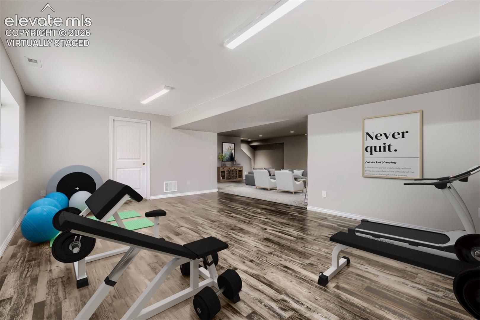 Virtually staged flex room (game room, hobby room, playroom, or exercise room)