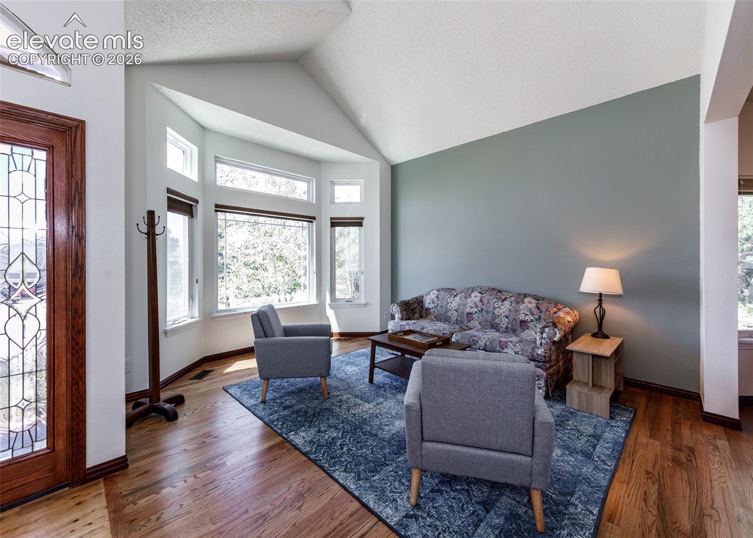 Vaulted ceiling, wood-finish flooring, bay window, leaded glass entry door, and a painted accent wall