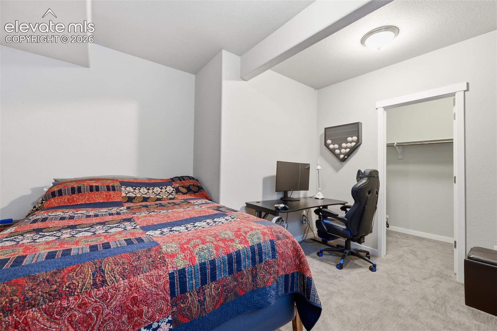 Carpeted flooring, recessed lighting, and a walk-in closet with shelving.