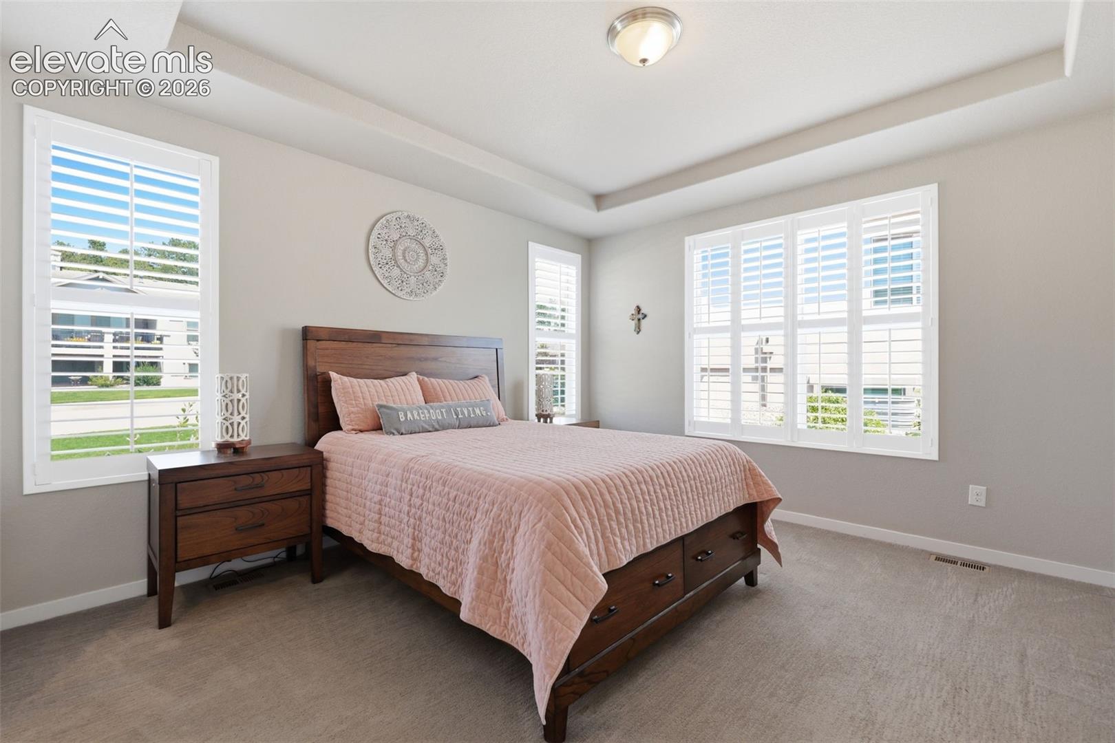 Tray ceiling, neutral wall tones, plantation shutters, recessed lighting, and carpet flooring.