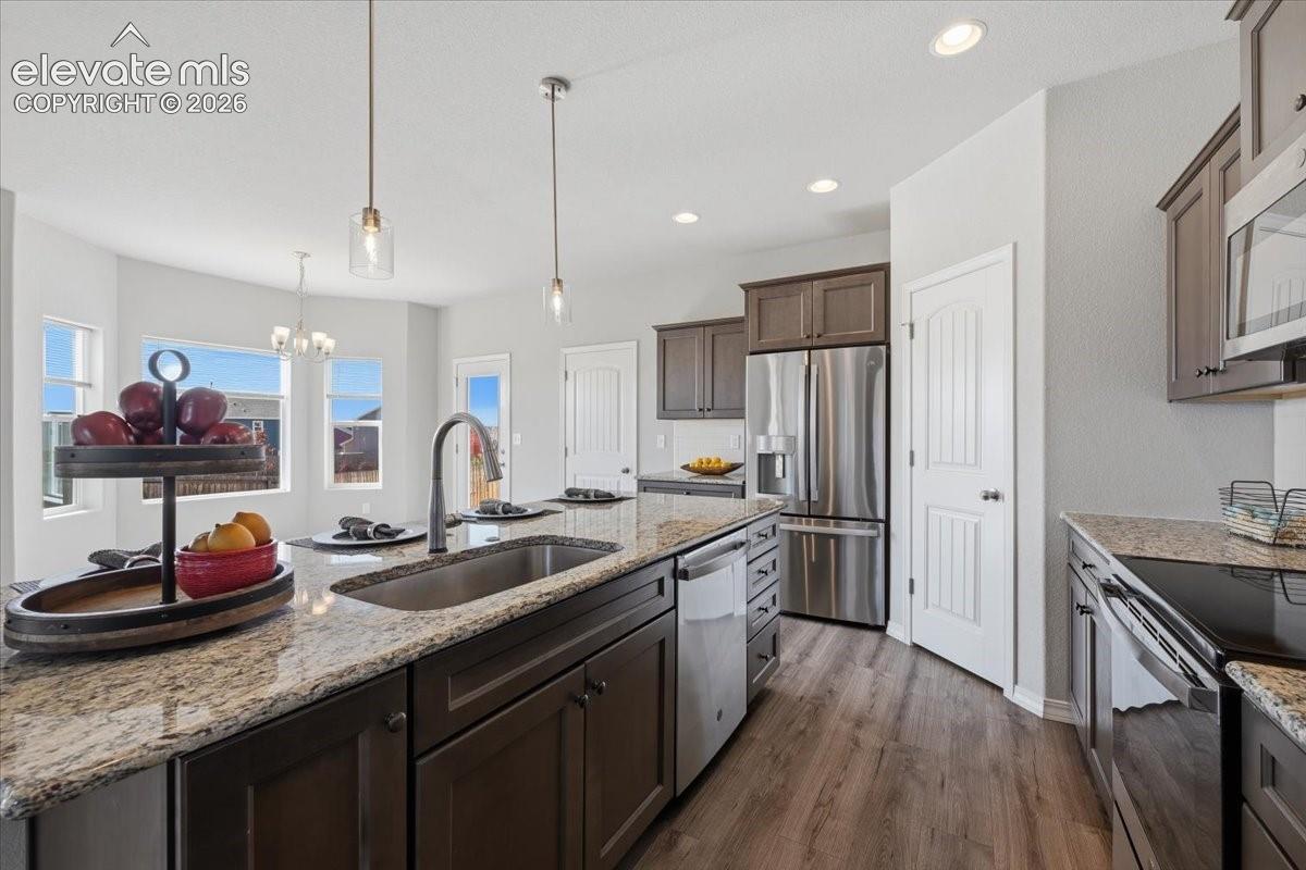 Kitchen featuring an expansive stone-surface island, stainless steel appliances, wood-finish cabinetry, wood-finish flooring, and pendant lighting