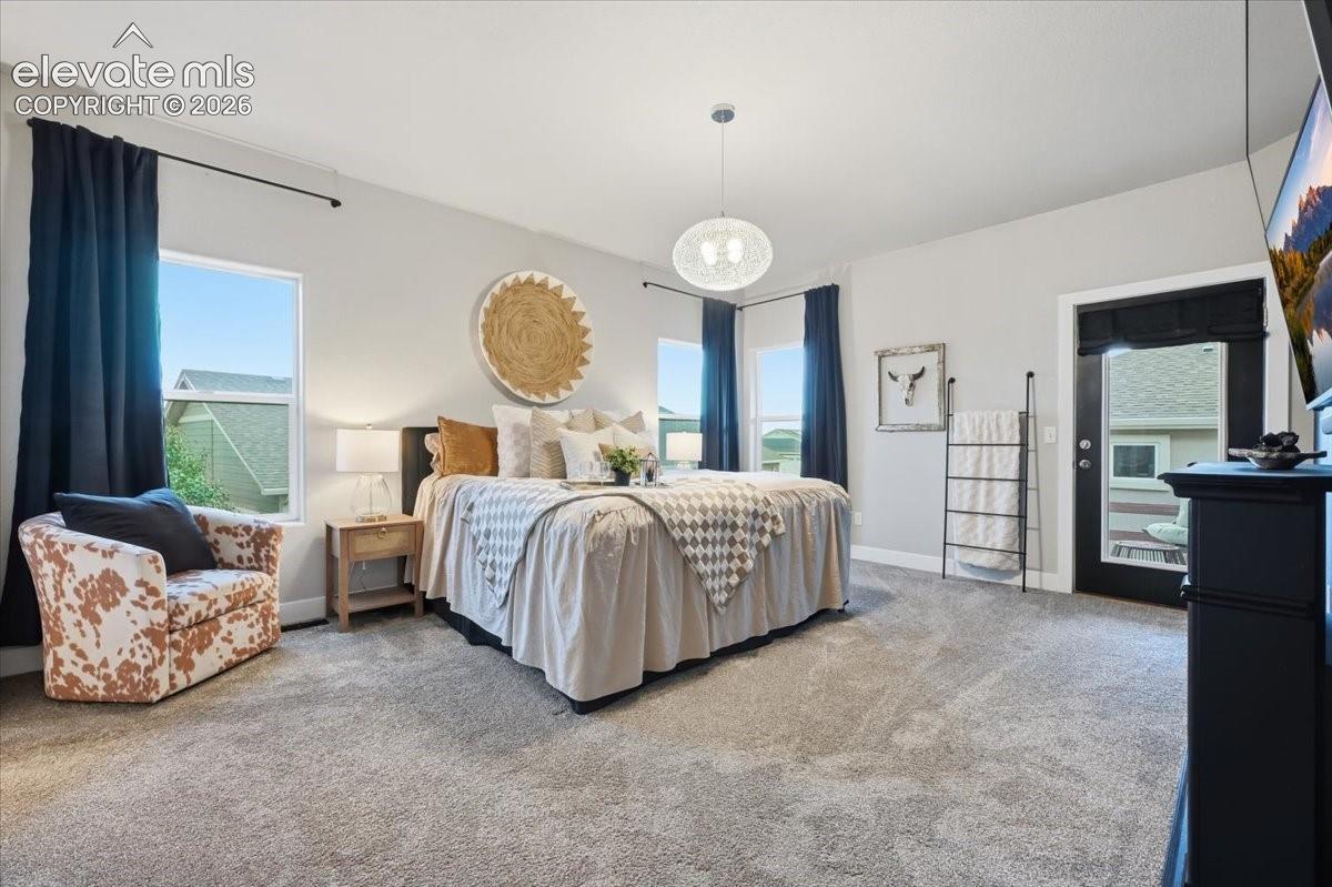 Plush carpeting, a modern pendant light fixture, and a glass-paned door