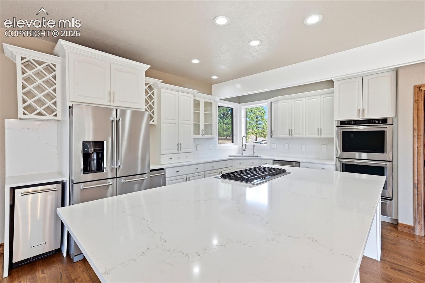 Contemporary kitchen featuring a large central island, stainless steel appliances, white cabinetry, recessed lighting, and wood-finish flooring