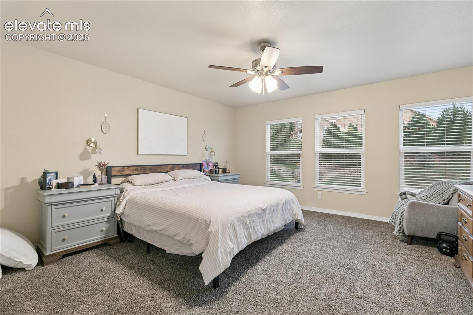 Spacious bedroom with neutral wall tones and plush gray carpeting
