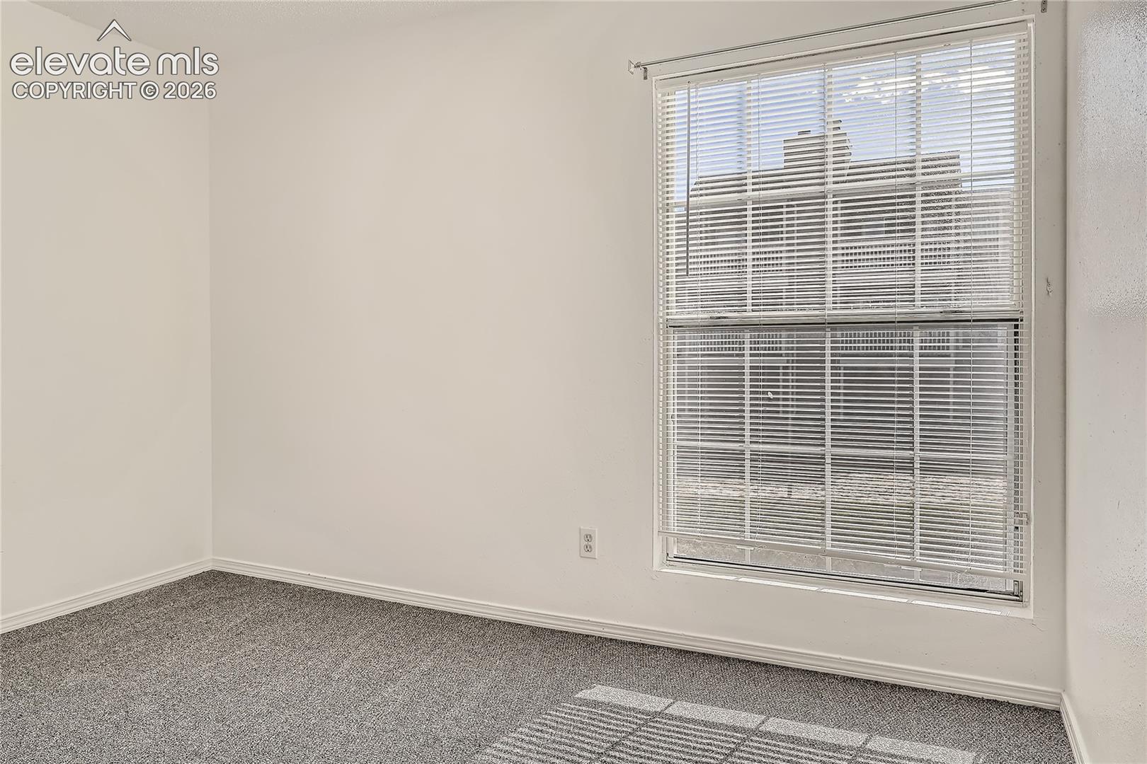 Neutral wall paint, plush carpeting, and a double-pane window featuring horizontal blinds