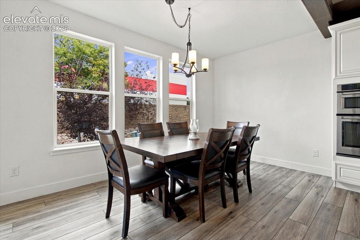 Multi-light metal chandelier, wood-finish flooring, dual windows, and built-in stainless steel double wall oven