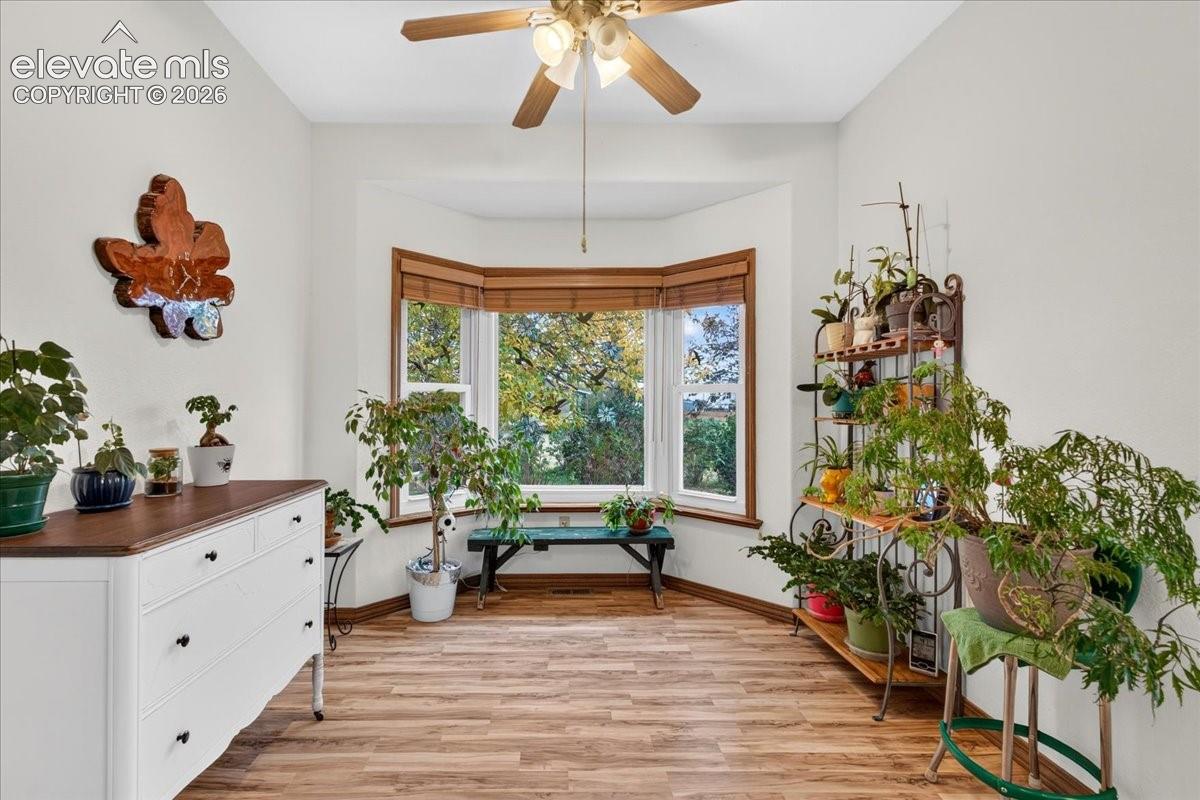 Bay window with wood-trim detailing, wood-finish flooring, and a ceiling-mounted light fixture