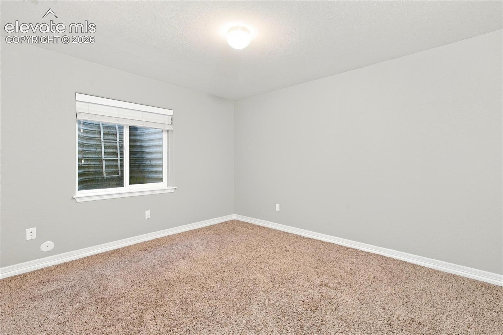 Neutral-toned wall paint, neutral carpeting, sliding window with an egress well, and a flush-mount ceiling light fixture