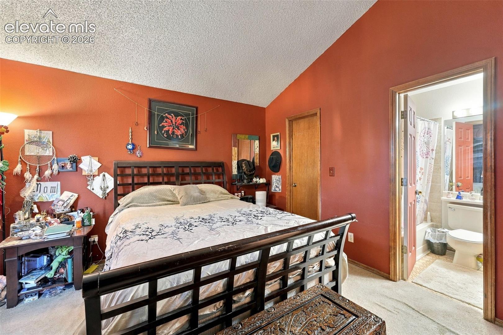 Vaulted ceiling with textured finish, carpeted flooring, and interior bathroom access