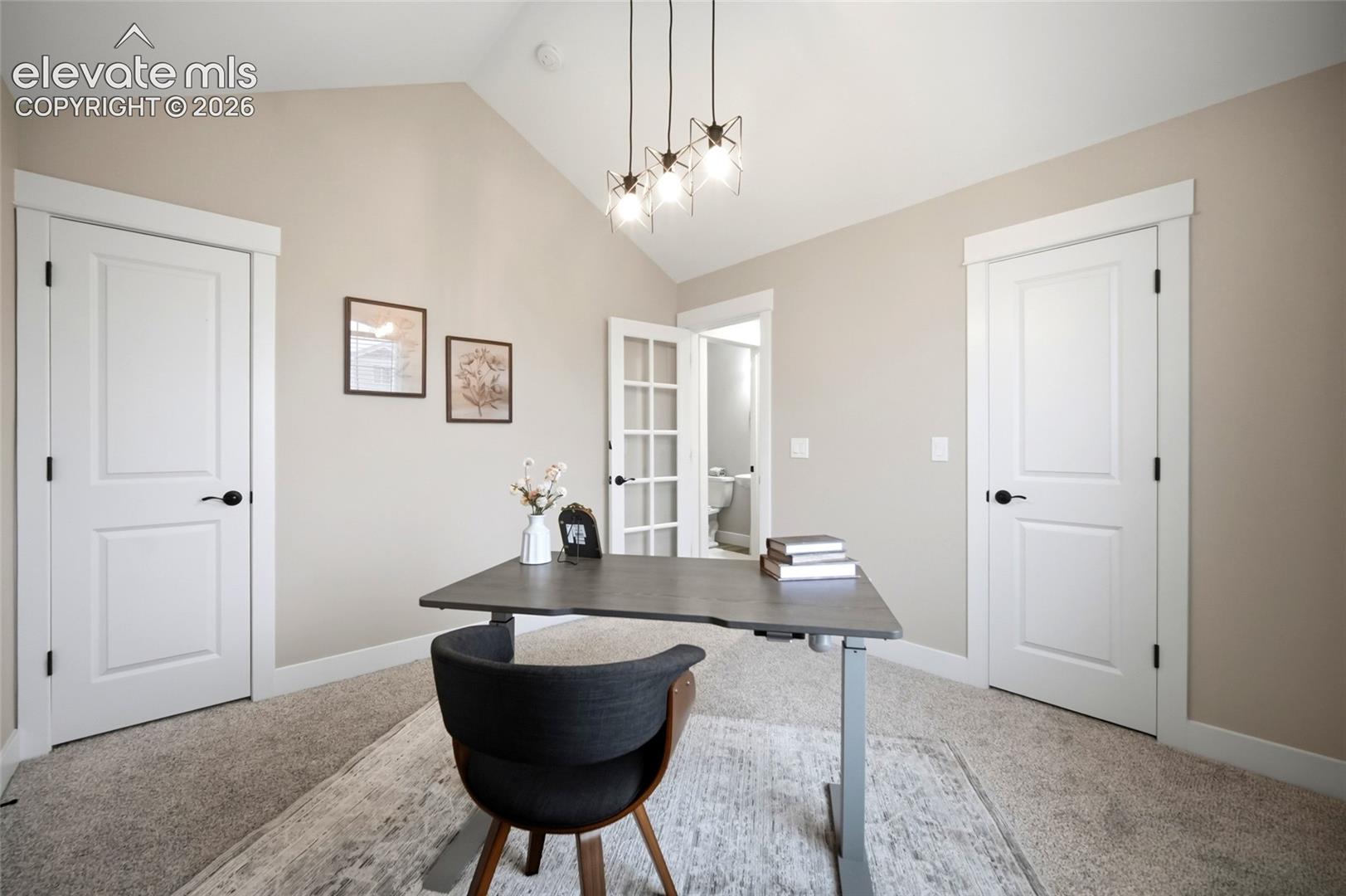 Vaulted ceiling featuring a three-pendant geometric light fixture, two-panel interior doors with matte black hardware, and a glass-paneled french door