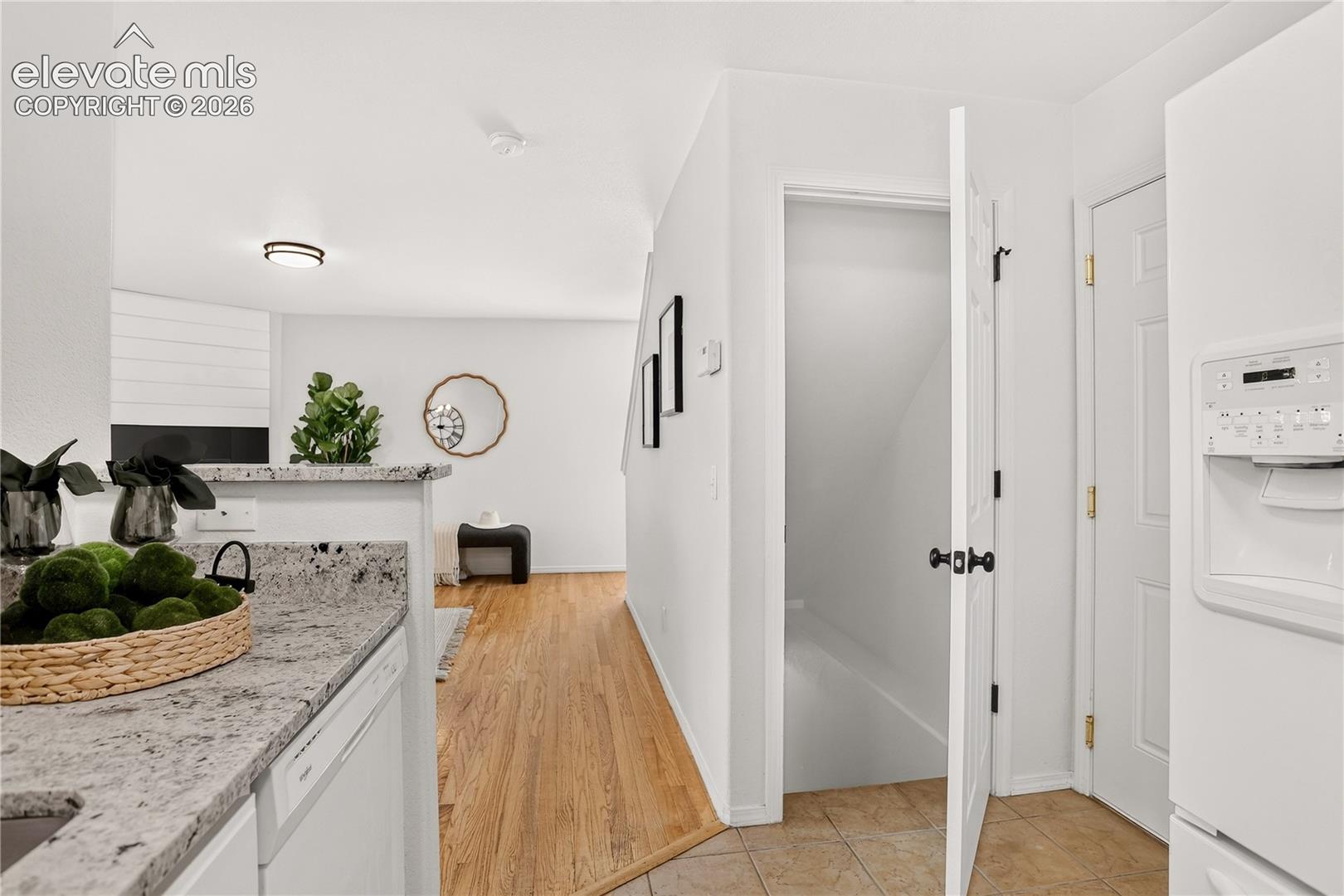 Entry to basement level and garage from kitchen. 