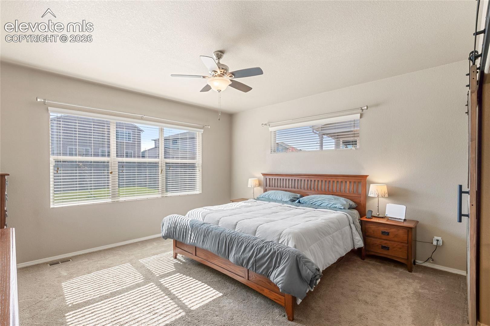Multi-pane windows, ceiling fan with integrated lighting, and sliding barn-style door