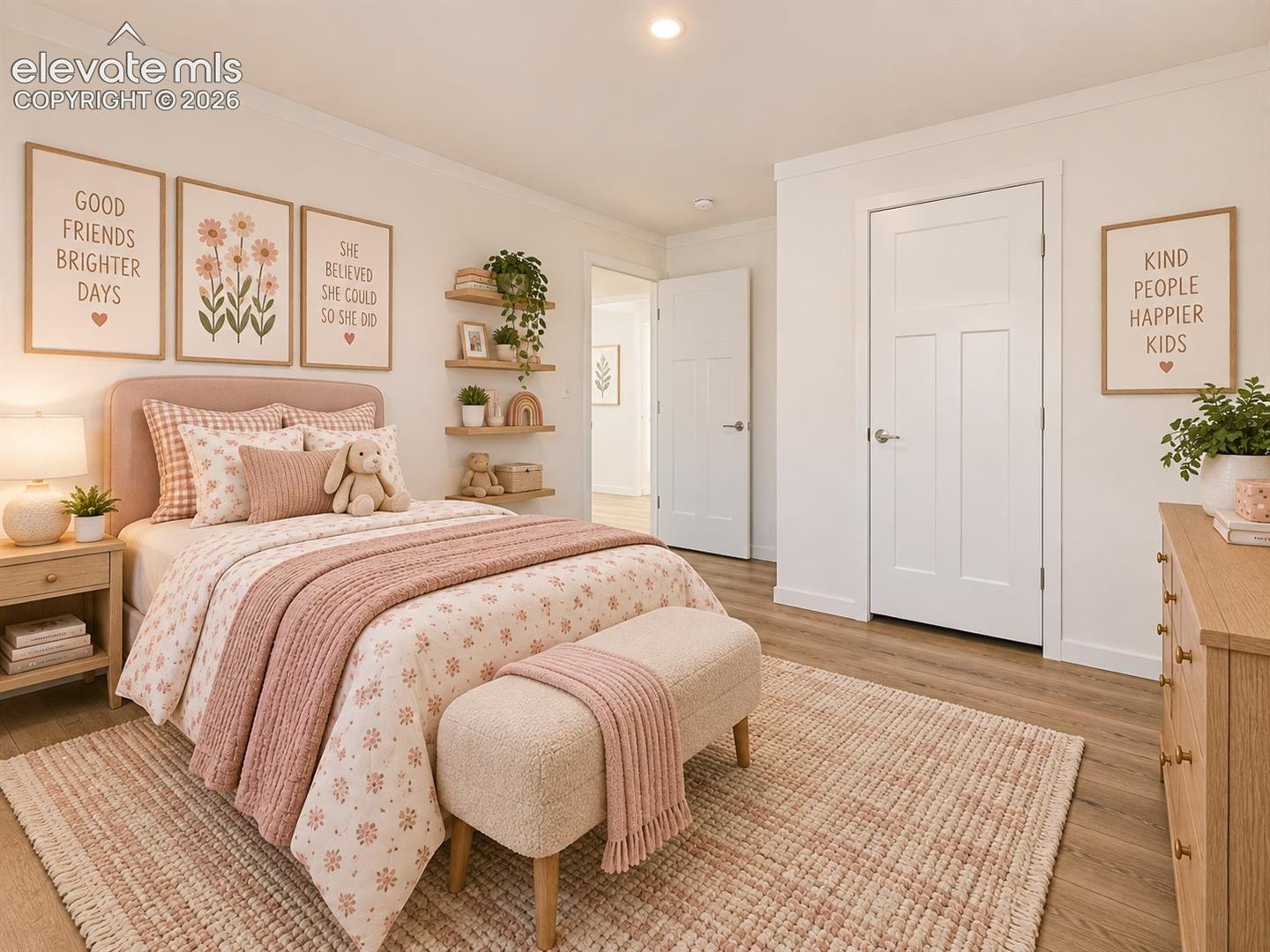 Bedroom – Additional view showcases the bedroom’s comfortable proportions, closet, recessed lighting, and cohesive flooring carried throughout the home.